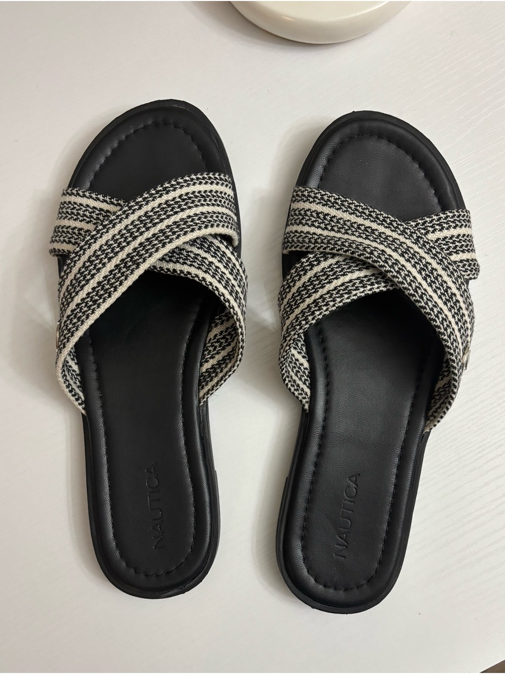 Nautica Serap 3 Black White Woven Slide Sandals Sz 7.5